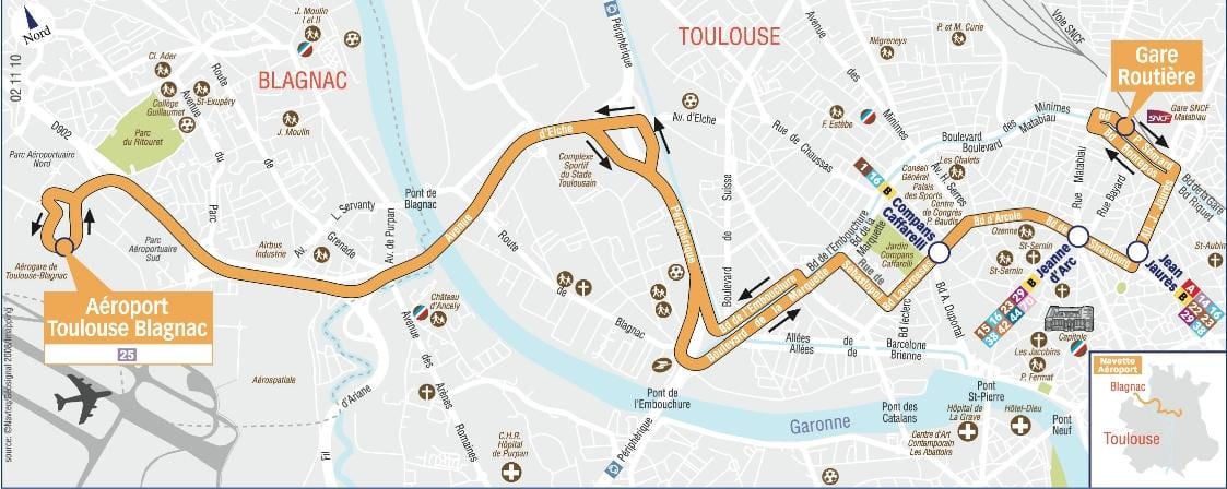 karte Toulouse transports uz un no lidostas maršruta 